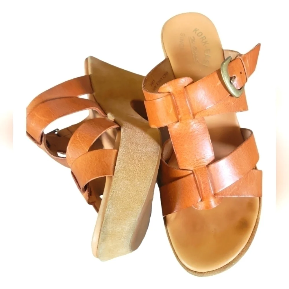 Kork-Ease Ava Tan  Buckle Stacked Heels Saddle Leather Platform Sandals 9/40.5